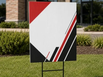 Custom full-color yard signs installed outdoors with H-stakes